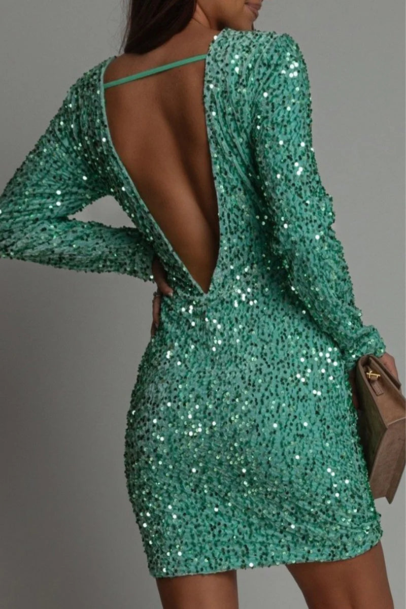 Evangeline | Women's Sequin Backless Mini Dress – Long Sleeve Deep V-Back Fitted Party Cocktail Dress