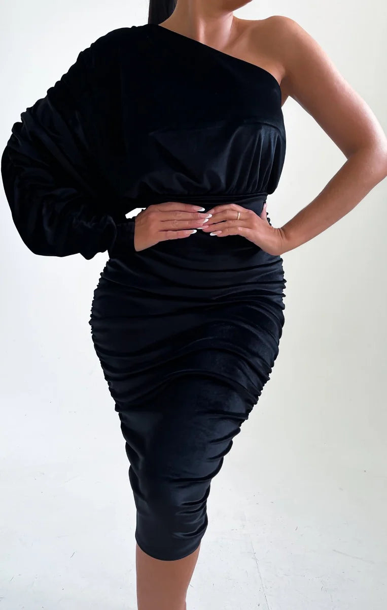 Liora | Women's Velvet One-Sleeve Midi Dress