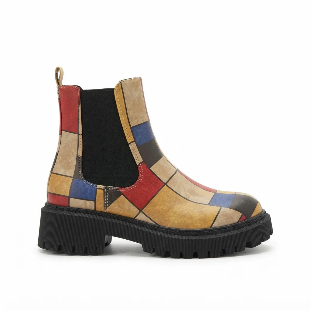 Elara | Women's Geometric Platform Chelsea Ankle Boots with Chunky Lug Sole & Elastic Side Panels