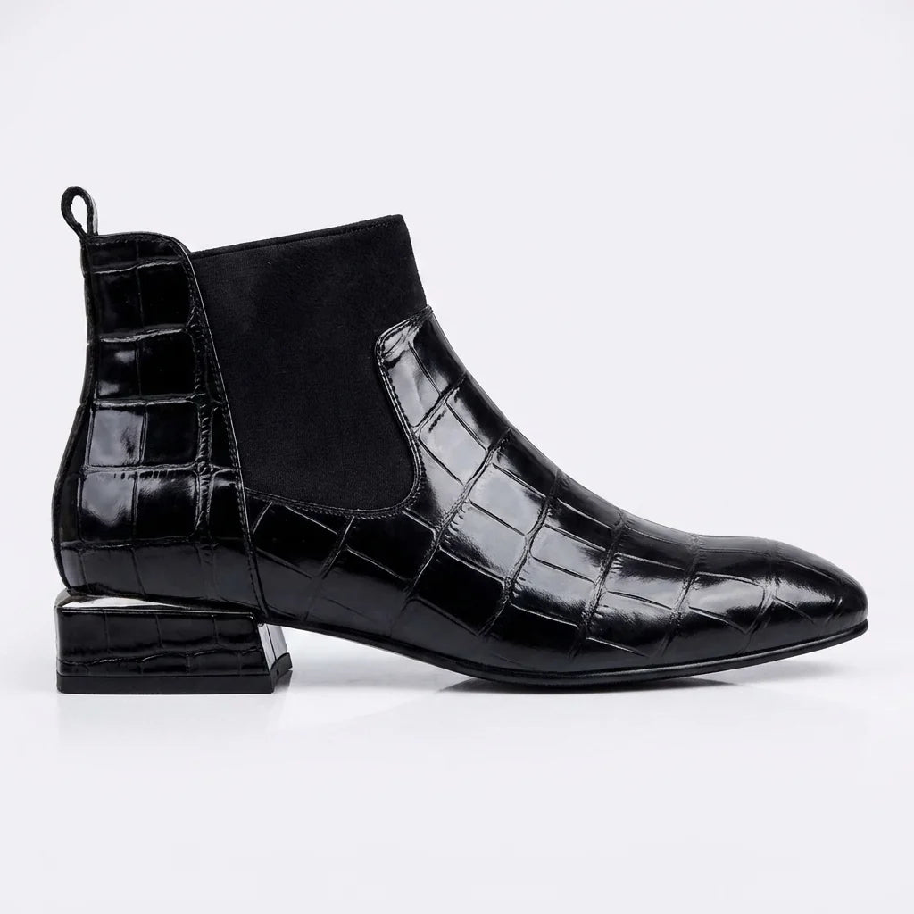 Calista | Women's Croc-Effect Chelsea Ankle Boots – Low Block Heel Faux Leather Slip-On Boots