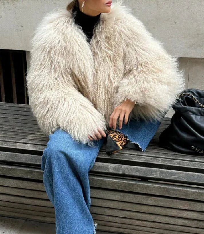 Aveline | Women's Beige Faux-Fur Coat with Long Sleeves, Soft Plush Texture & Classic Winter Fit