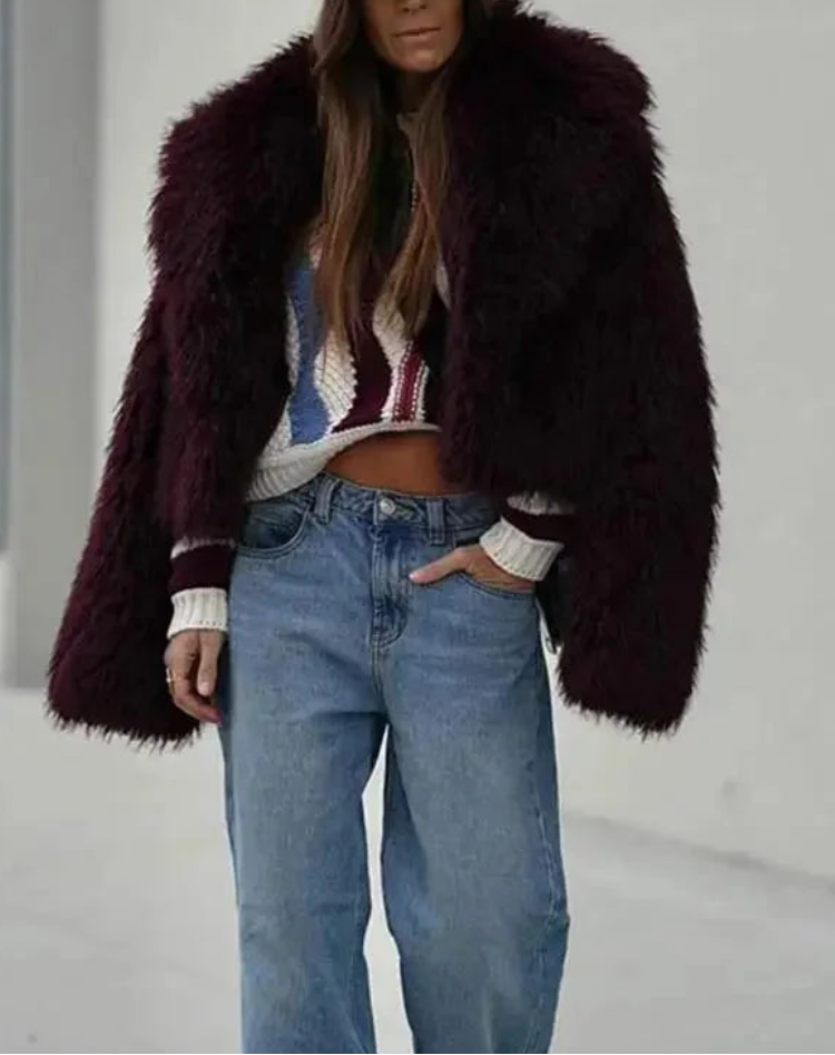 Marceline | Women's Burgundy Faux-Fur Coat with Oversized Collar, Plush Texture & Elegant Winter Fit