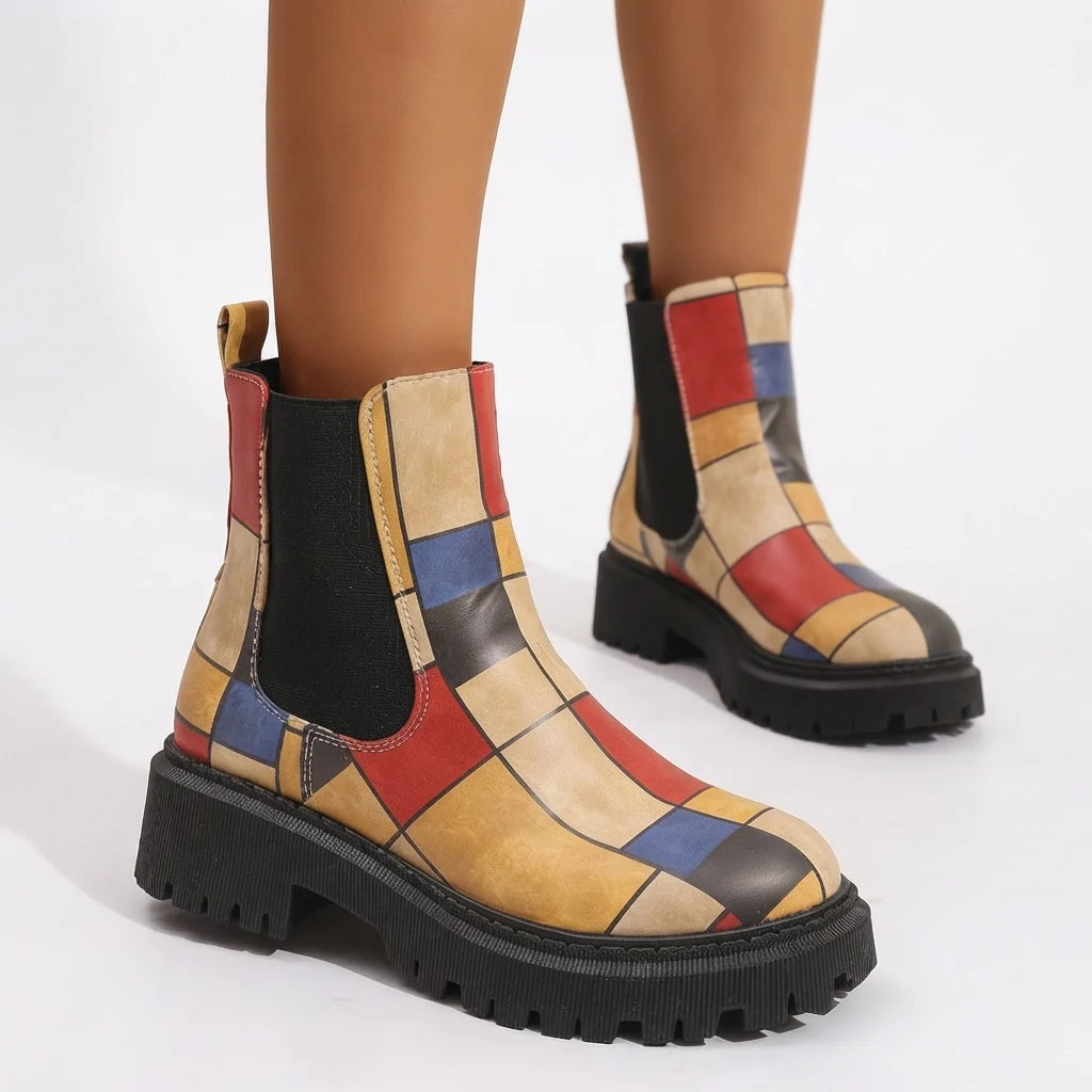 Elara | Women's Geometric Platform Chelsea Ankle Boots with Chunky Lug Sole & Elastic Side Panels