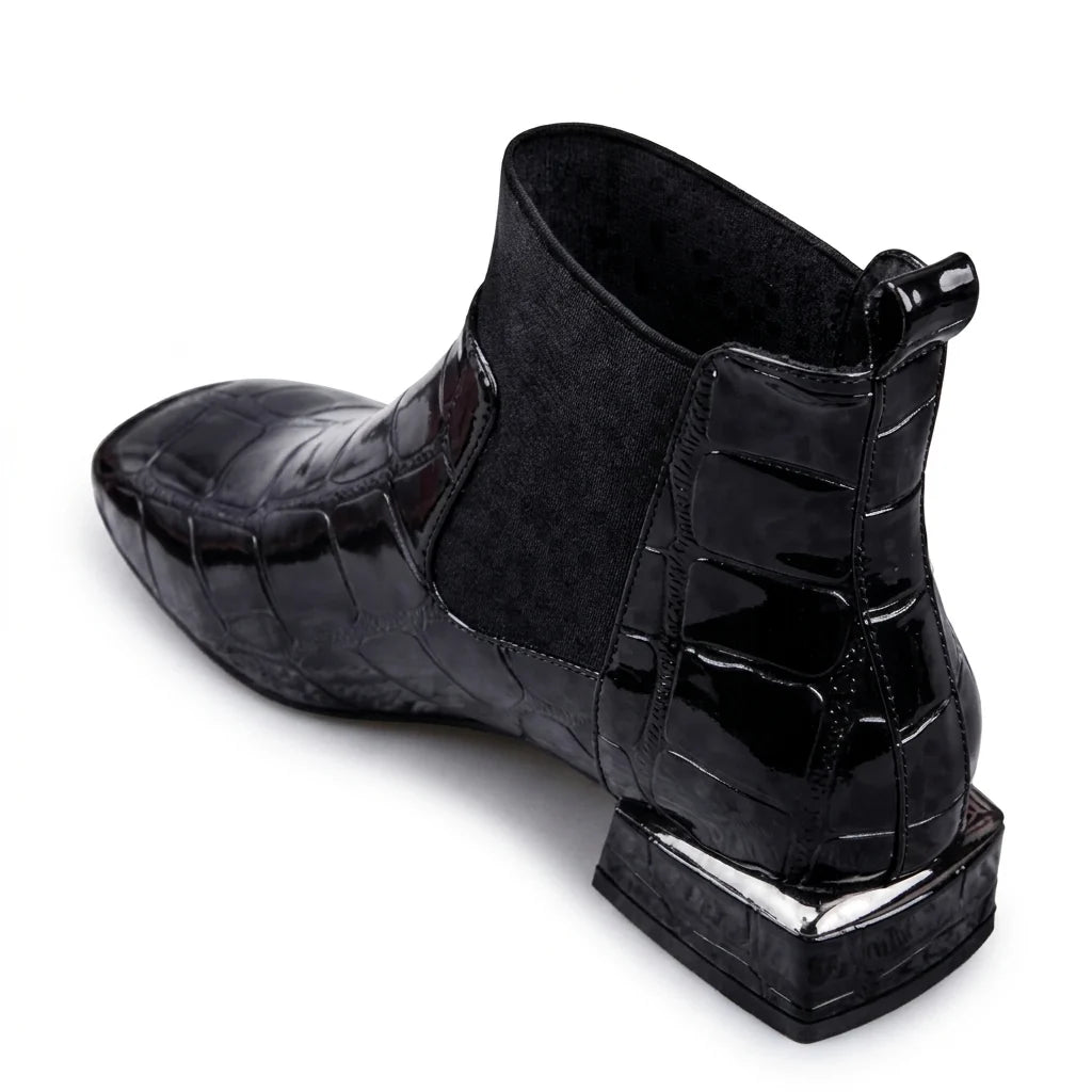 Calista | Women's Croc-Effect Chelsea Ankle Boots – Low Block Heel Faux Leather Slip-On Boots