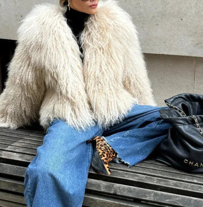 Aveline | Women's Beige Faux-Fur Coat with Long Sleeves, Soft Plush Texture & Classic Winter Fit