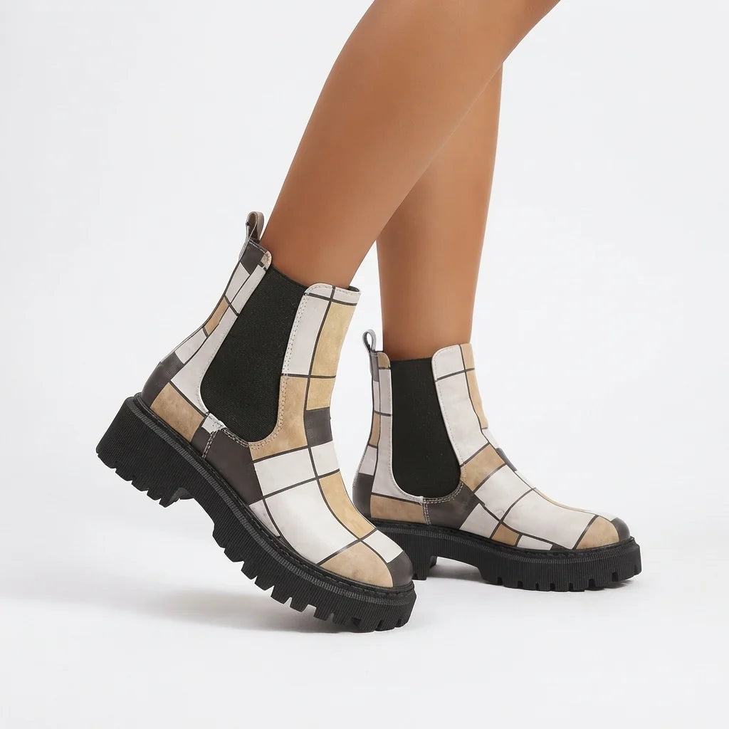 Elara | Women's Geometric Platform Chelsea Ankle Boots with Chunky Lug Sole & Elastic Side Panels