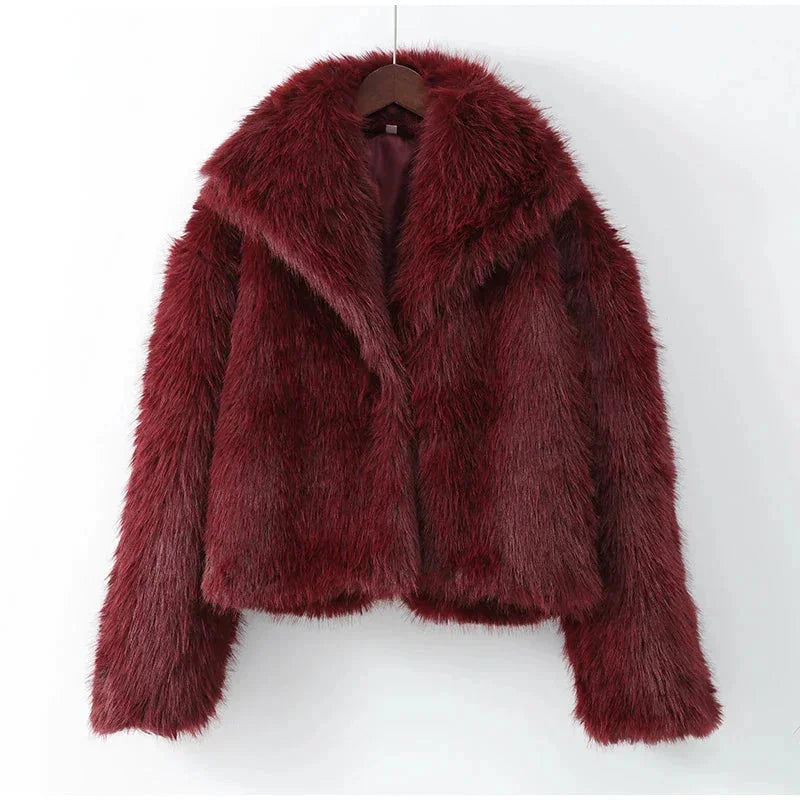 Marceline | Women's Burgundy Faux-Fur Coat with Oversized Collar, Plush Texture & Elegant Winter Fit