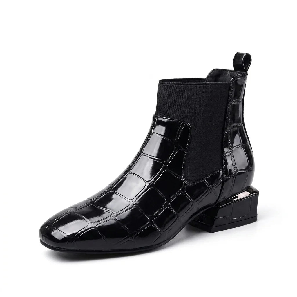 Calista | Women's Croc-Effect Chelsea Ankle Boots – Low Block Heel Faux Leather Slip-On Boots