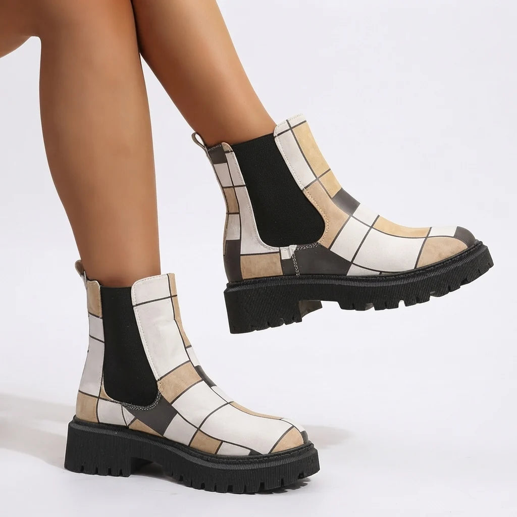 Elara | Women's Geometric Platform Chelsea Ankle Boots with Chunky Lug Sole & Elastic Side Panels
