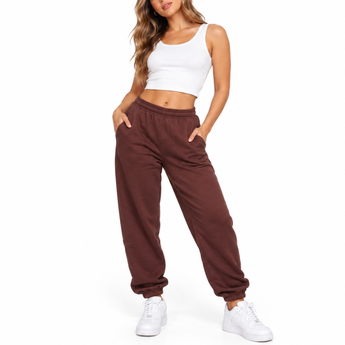Amara | Women's Oversized High-Waisted Joggers – Shirred Drawstring Waist Cuffed Lounge Trousers with Pockets