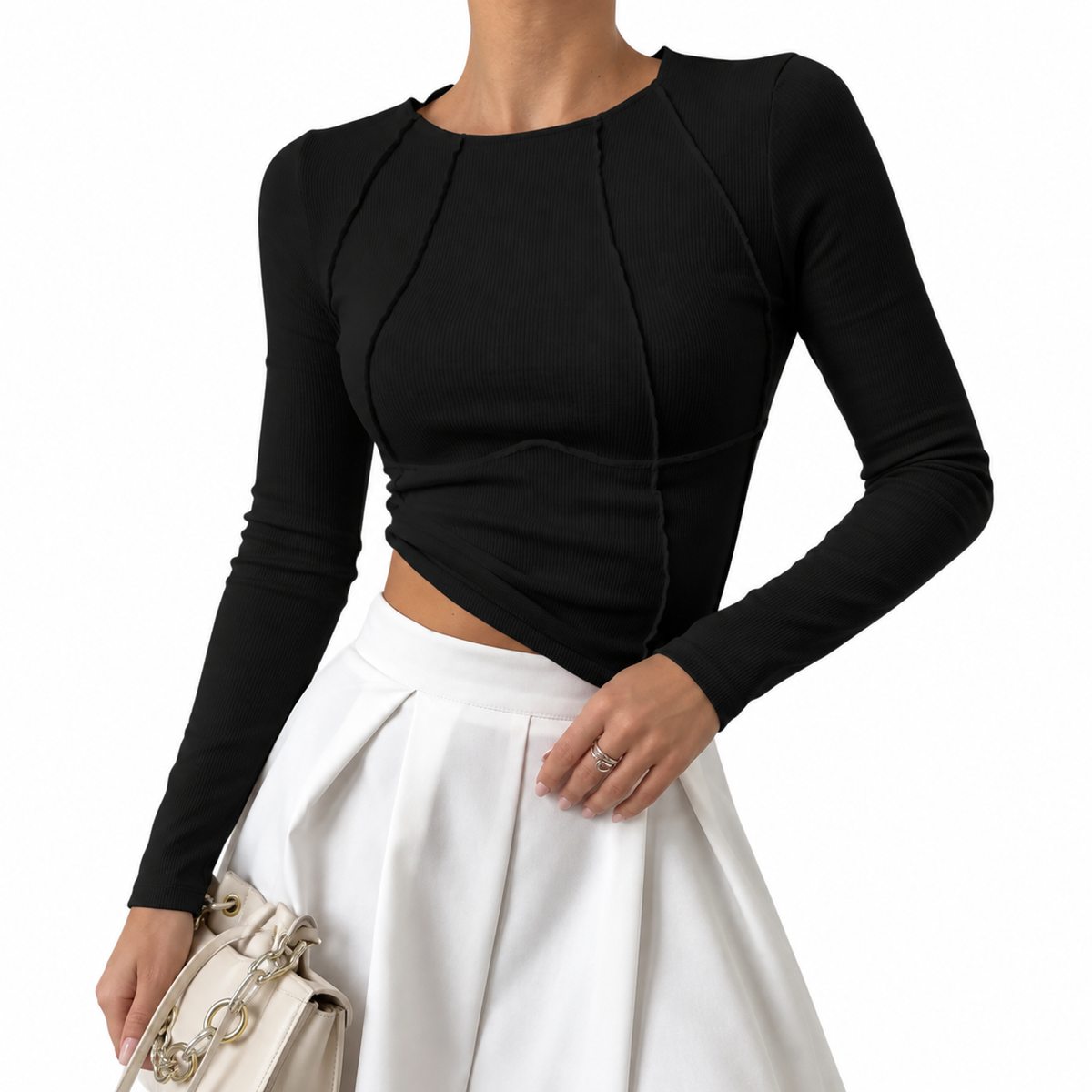 Solenne | Women's Sculpted Long-Sleeve Top – Fitted Everyday Layering Top with Sleek Feminine Silhouette