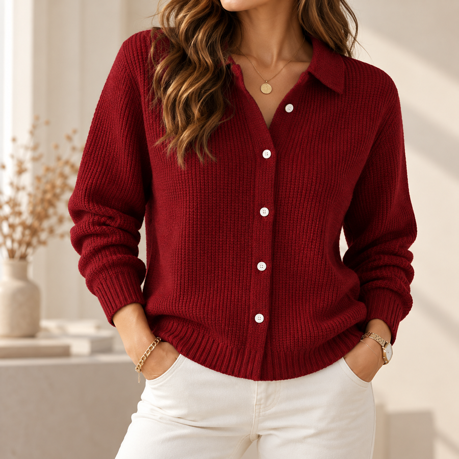 Adeline | Women's Classic Knitted Button Cardigan – Collared Cotton-Blend Smart Casual Layering Top