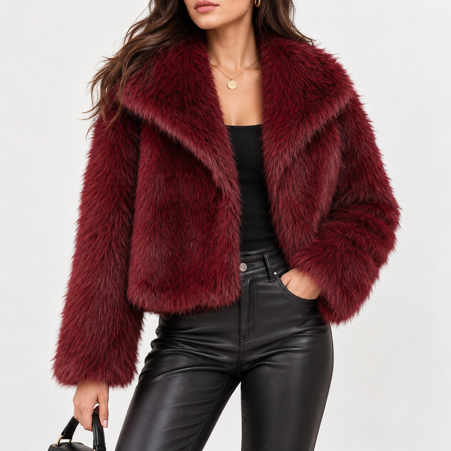 Marceline | Women's Burgundy Faux-Fur Coat with Oversized Collar, Plush Texture & Elegant Winter Fit