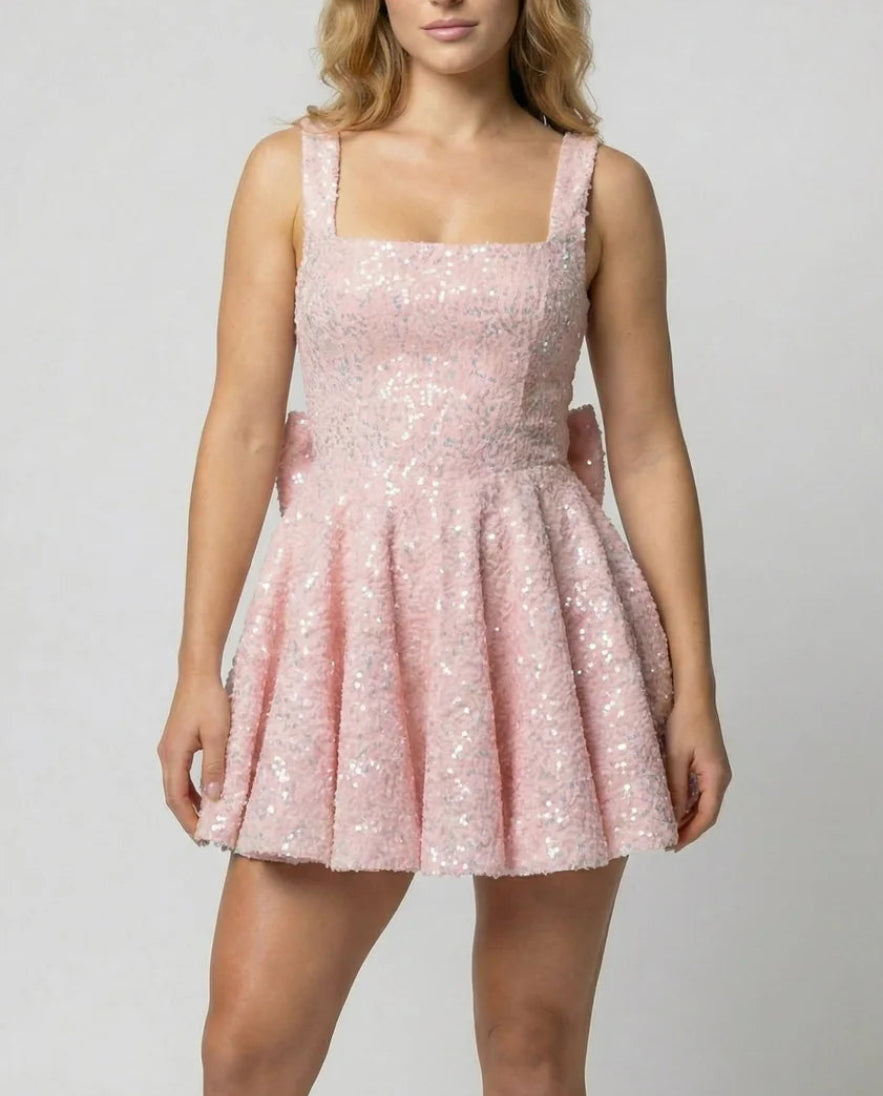 Delphine | Women's Sequin Skater Mini Dress – Square Neck Sleeveless Fit-and-Flare Party Dress