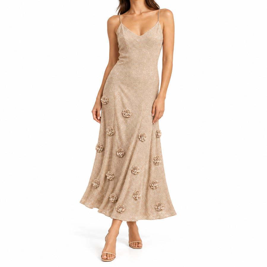 Aurelia | Women's Sequin Crochet Maxi Dress – Floral Embellished Open-Back Evening Dress with Delicate Straps