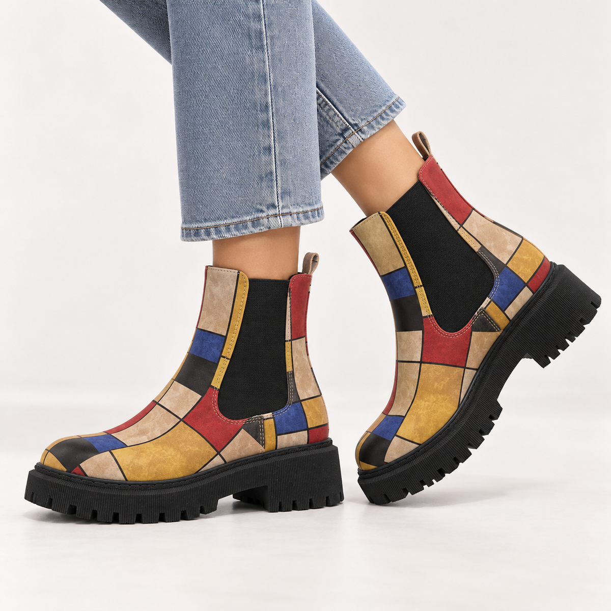 Elara | Women's Geometric Platform Chelsea Ankle Boots with Chunky Lug Sole & Elastic Side Panels