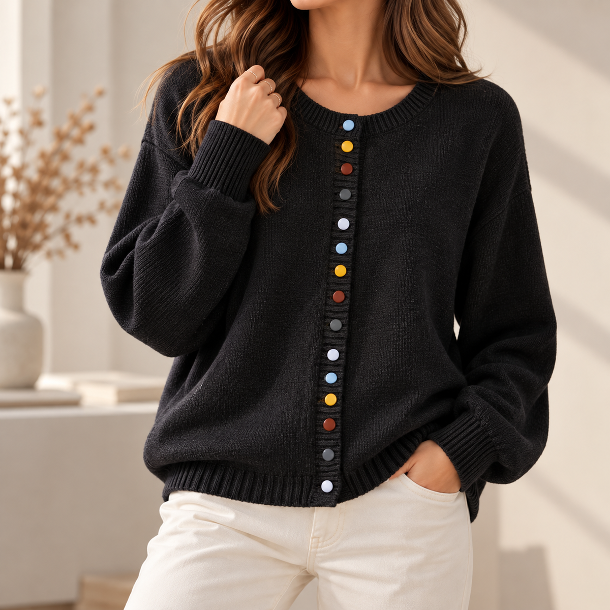 Celestine | Women's Relaxed Button-Detail Cardigan – Soft Everyday Knit Layer with Easy Draped Fit