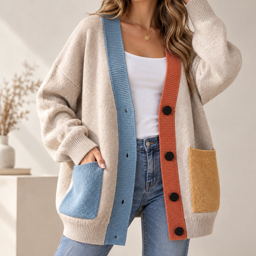 Elowen | Women's Relaxed Button-Front Cardigan – Contrast Trim Oversized Knit Layer with Patch Pockets