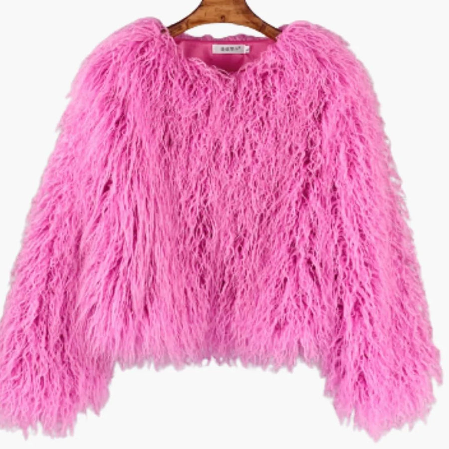 Cosette | Women's Textured Faux Fur Coat – Relaxed Long-Sleeve Winter Coat with Round Neckline