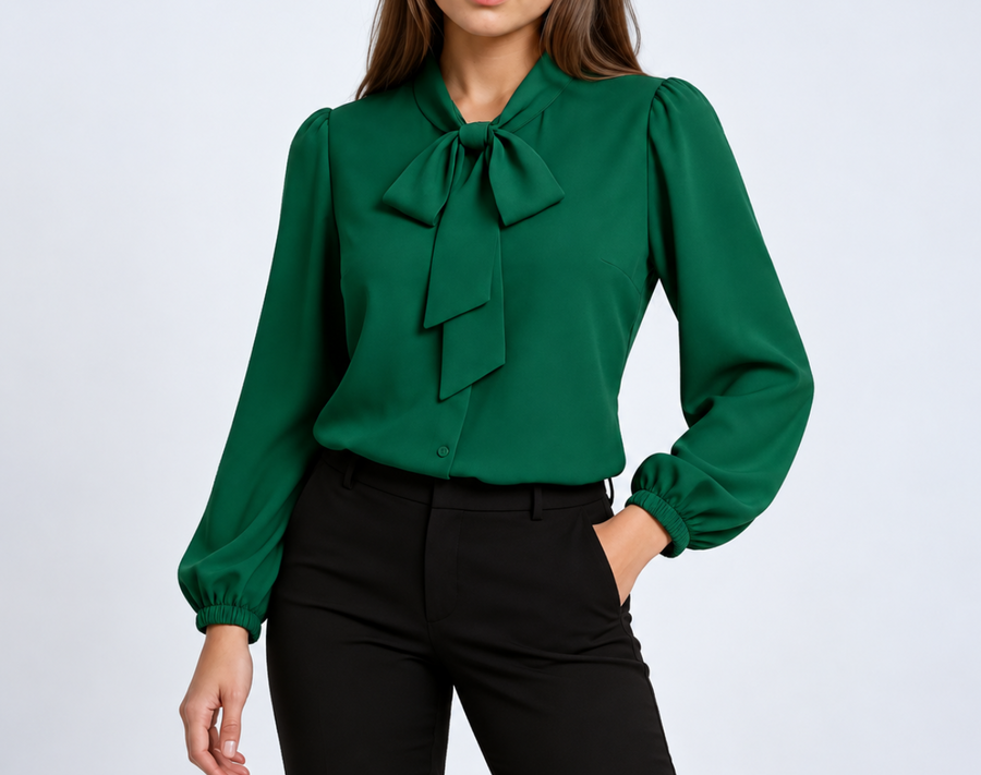 Evelina | Women's Elegant Bow-Front Long-Sleeve Blouse with Lightweight Fabric & Feminine Fit
