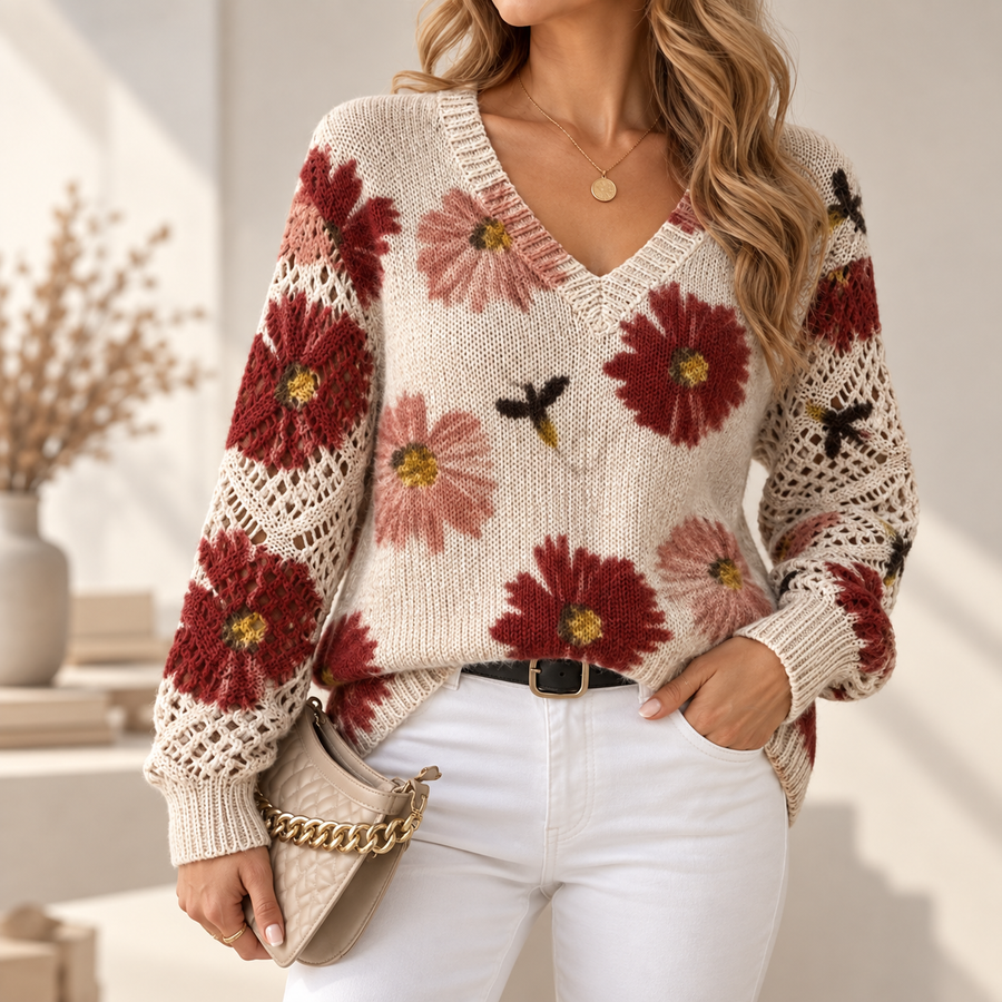 Valeria | Women's Floral Open-Knit V-Neck Cardigan – Airy Lattice Sleeve Everyday Knit Layer