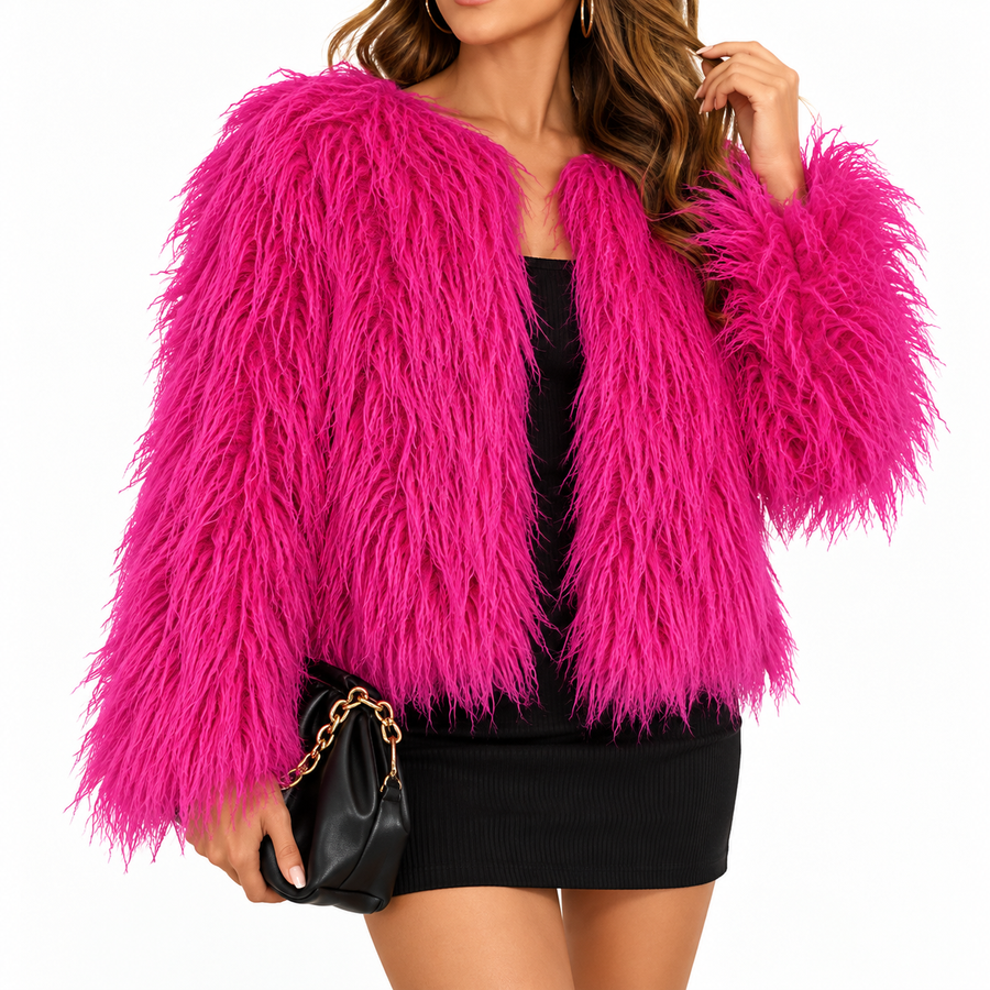 Cosette | Women's Textured Faux Fur Coat – Relaxed Long-Sleeve Winter Coat with Round Neckline