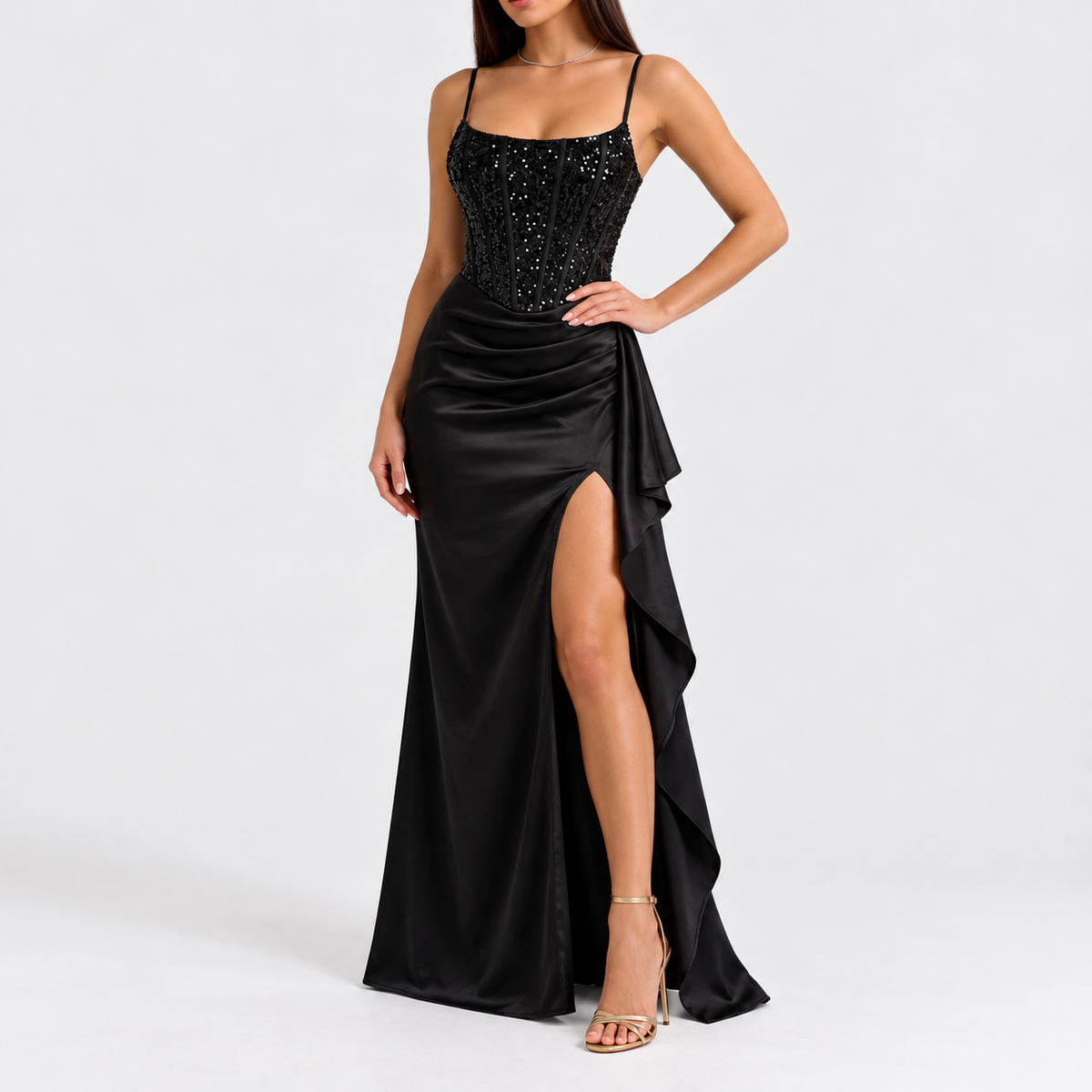 Marcella | Women's Sequin Corset Evening Maxi Dress with Draped Satin Skirt, Square Neckline & Thigh-High Slit
