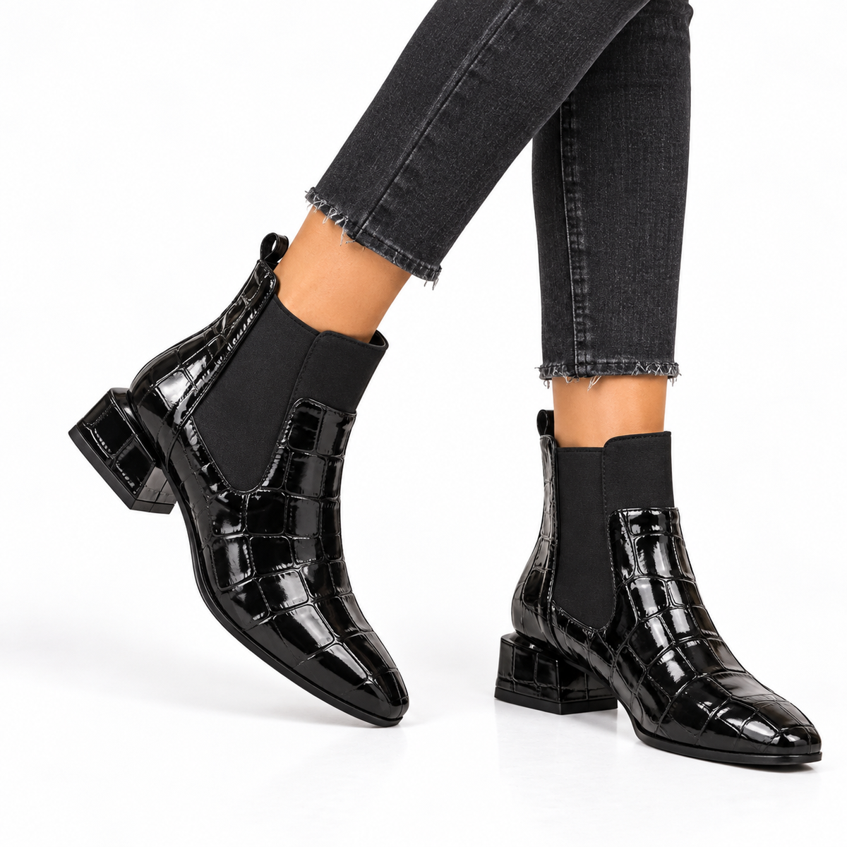 Calista | Women's Croc-Effect Chelsea Ankle Boots – Low Block Heel Faux Leather Slip-On Boots