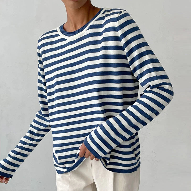 Coralie | Women's Striped Long-Sleeve Top – Relaxed Crew Neck Casual Everyday Pullover