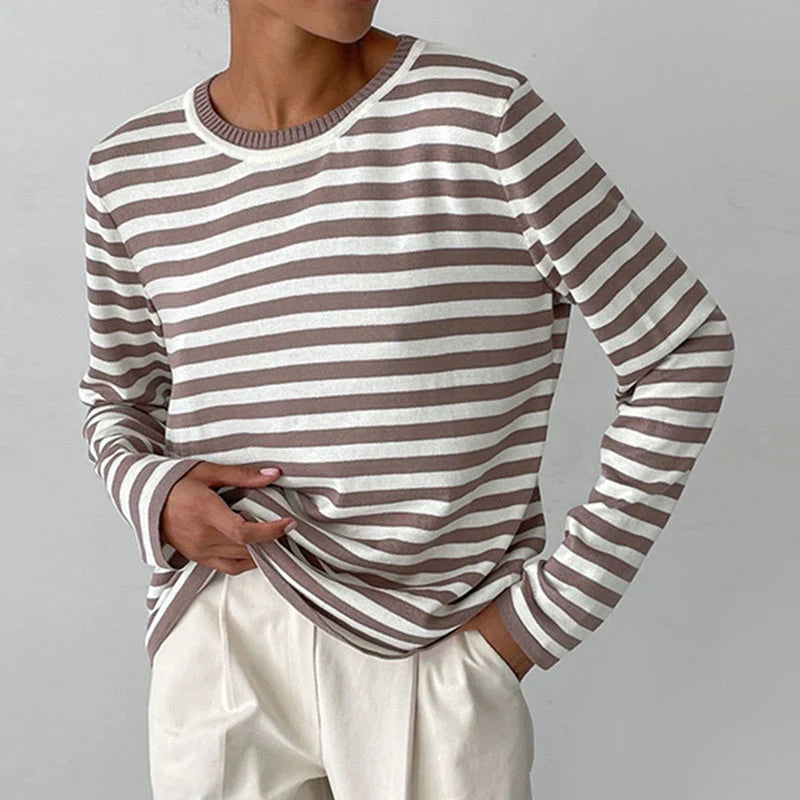 Coralie | Women's Striped Long-Sleeve Top – Relaxed Crew Neck Casual Everyday Pullover