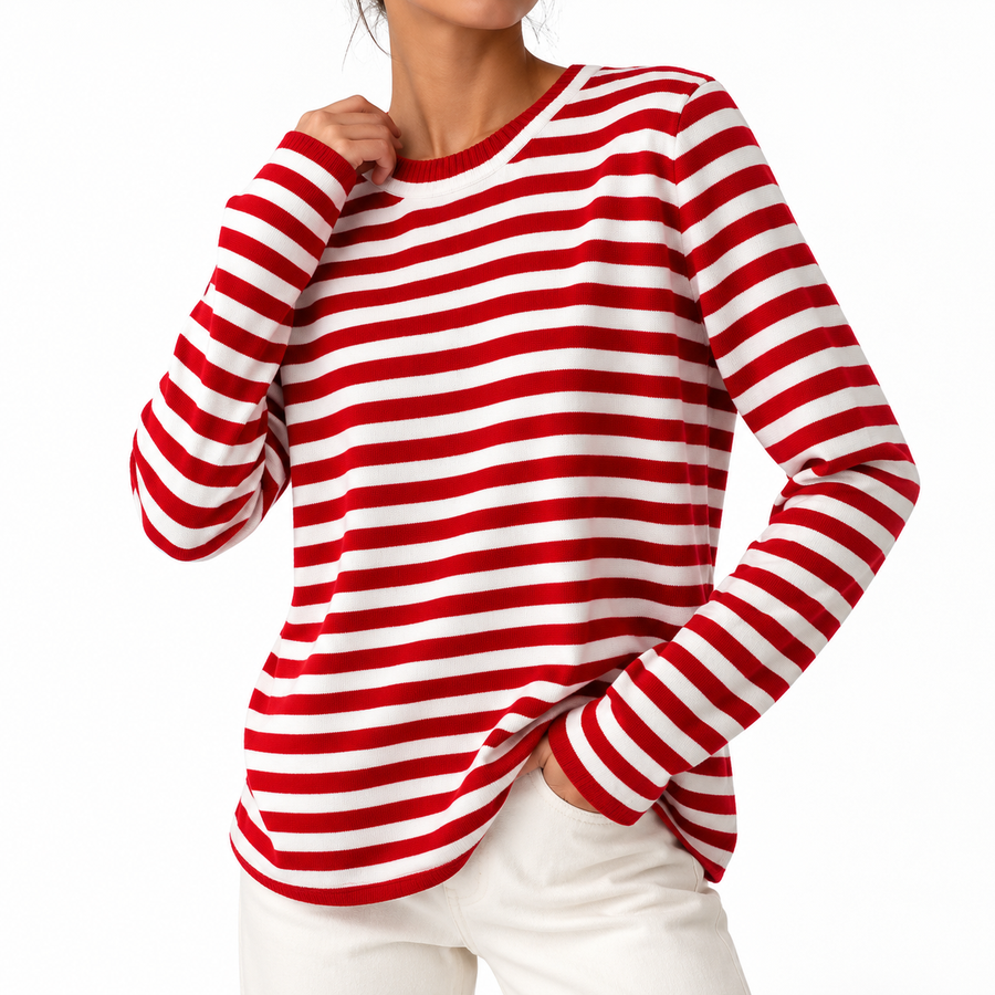 Coralie | Women's Striped Long-Sleeve Top – Relaxed Crew Neck Casual Everyday Pullover