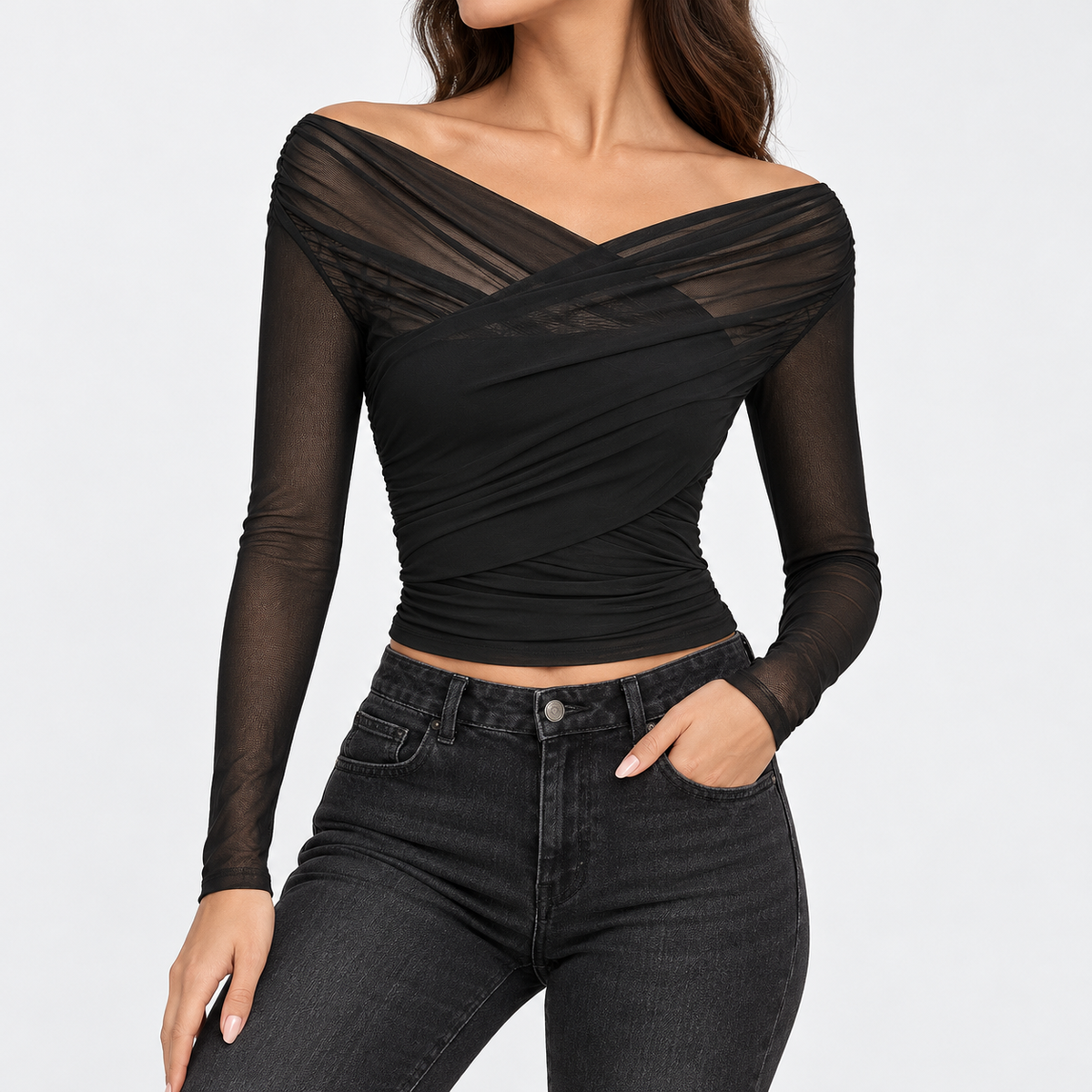 Solene | Women's Sheer Pleated Long-Sleeve Top with Fitted Silhouette & Textured Finish