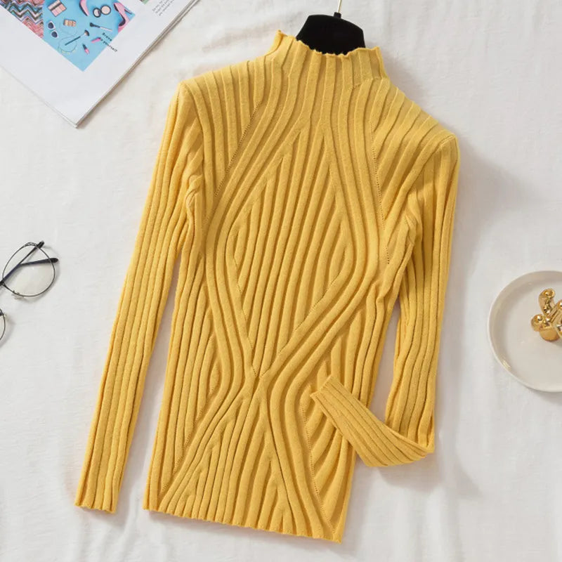 Aveline | Women's Ribbed Roll Neck Jumper – Stretch Knit Long-Sleeve Autumn Winter Sweater