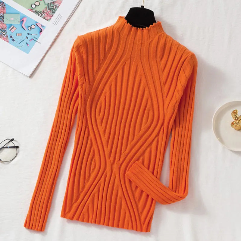 Aveline | Women's Ribbed Roll Neck Jumper – Stretch Knit Long-Sleeve Autumn Winter Sweater