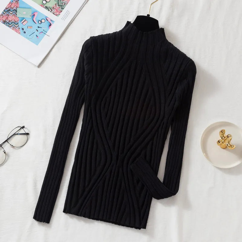 Aveline | Women's Ribbed Roll Neck Jumper – Stretch Knit Long-Sleeve Autumn Winter Sweater