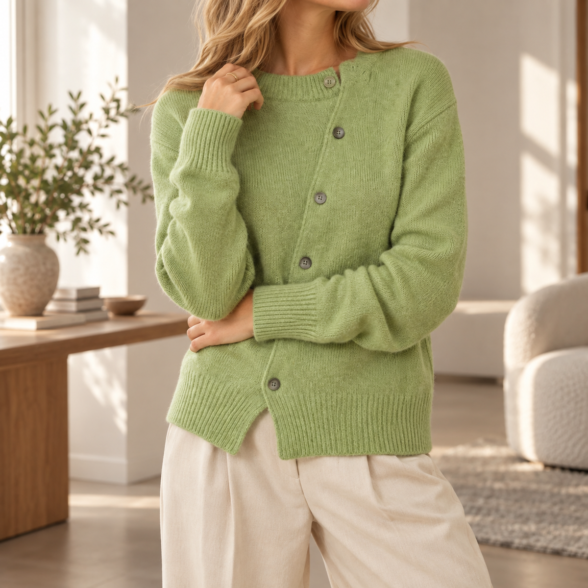 Mirelle | Women's Asymmetric Button-Up Cardigan with Long Sleeves, Relaxed Fit & Draped Silhouette