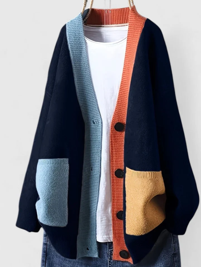 Elowen | Women's Relaxed Button-Front Cardigan – Contrast Trim Oversized Knit Layer with Patch Pockets