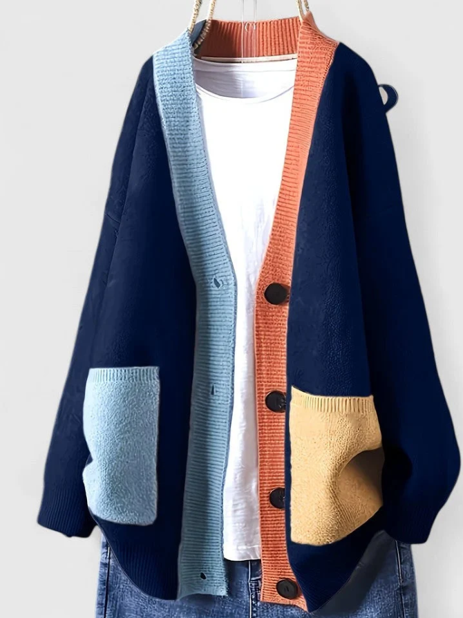 Elowen | Women's Relaxed Button-Front Cardigan – Contrast Trim Oversized Knit Layer with Patch Pockets
