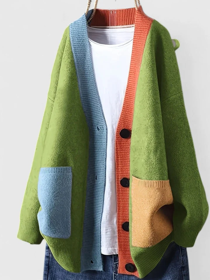 Elowen | Women's Relaxed Button-Front Cardigan – Contrast Trim Oversized Knit Layer with Patch Pockets