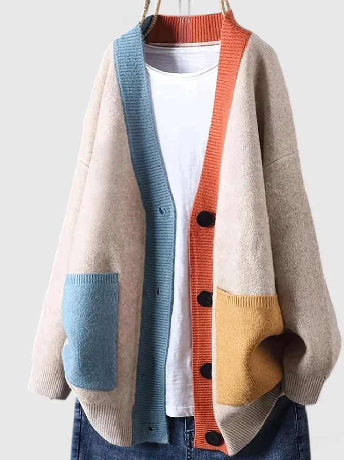 Elowen | Women's Relaxed Button-Front Cardigan – Contrast Trim Oversized Knit Layer with Patch Pockets