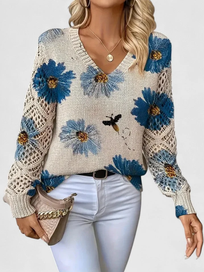 Valeria | Women's Floral Open-Knit V-Neck Cardigan – Airy Lattice Sleeve Everyday Knit Layer