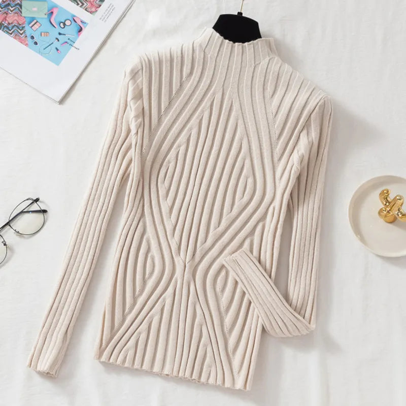 Aveline | Women's Ribbed Roll Neck Jumper – Stretch Knit Long-Sleeve Autumn Winter Sweater