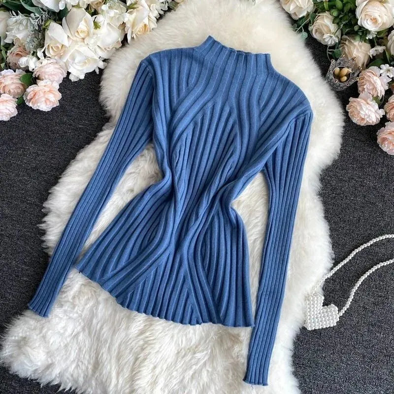 Aveline | Women's Ribbed Roll Neck Jumper – Stretch Knit Long-Sleeve Autumn Winter Sweater