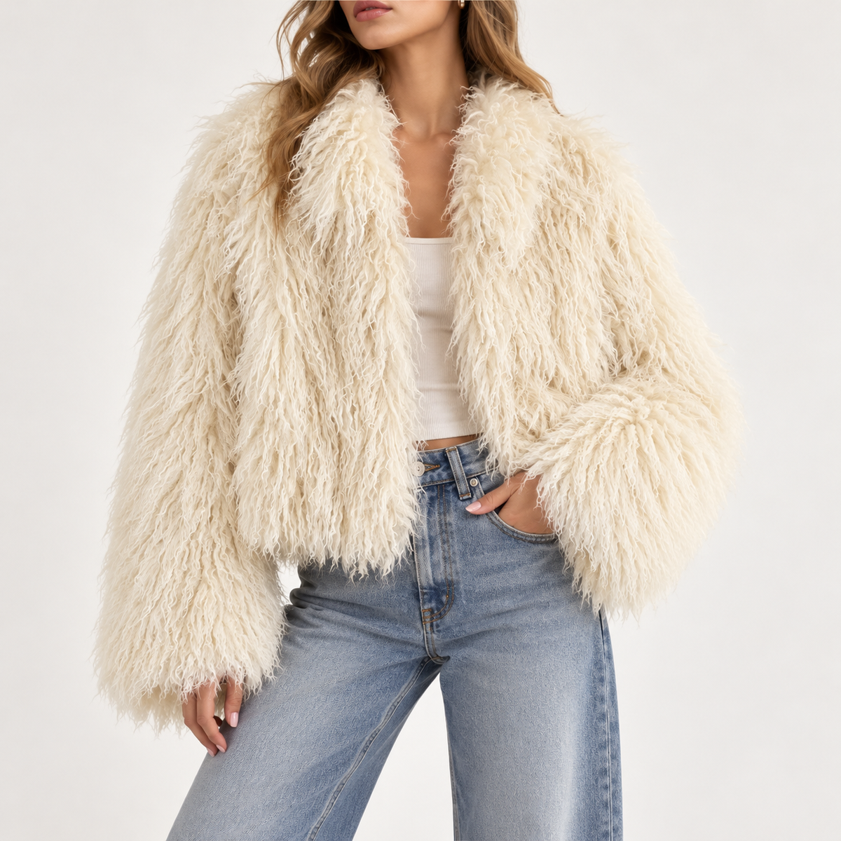 Aveline | Women's Beige Faux-Fur Coat with Long Sleeves, Soft Plush Texture & Classic Winter Fit