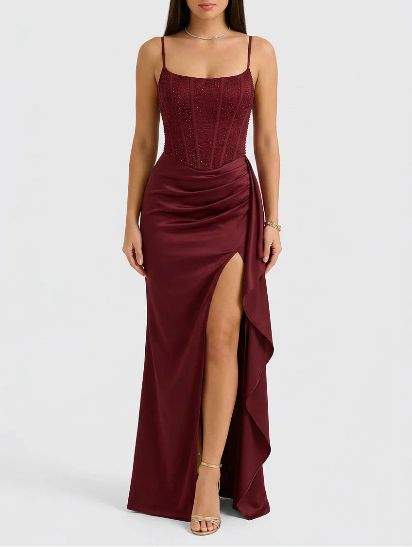 Marcella | Women's Sequin Corset Evening Maxi Dress with Draped Satin Skirt, Square Neckline & Thigh-High Slit