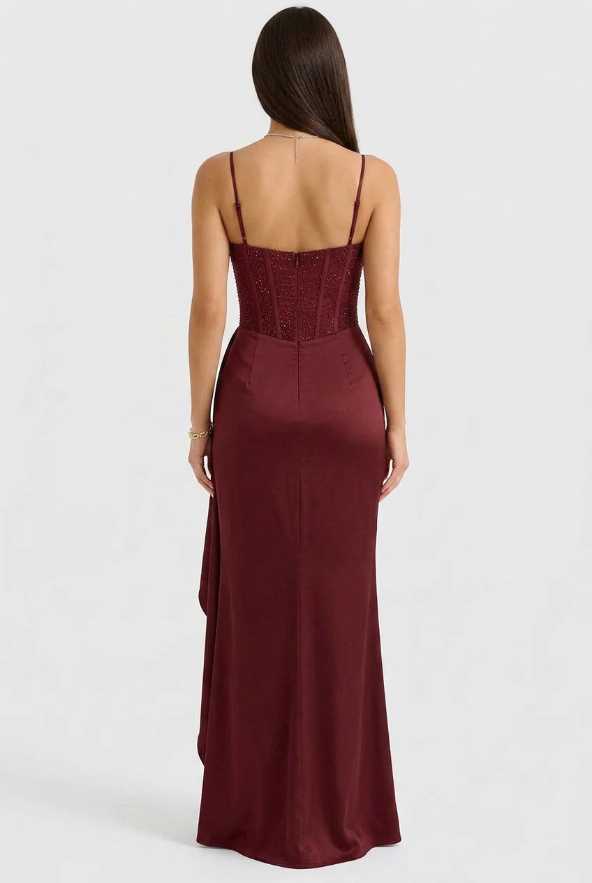 Marcella | Women's Sequin Corset Evening Maxi Dress with Draped Satin Skirt, Square Neckline & Thigh-High Slit