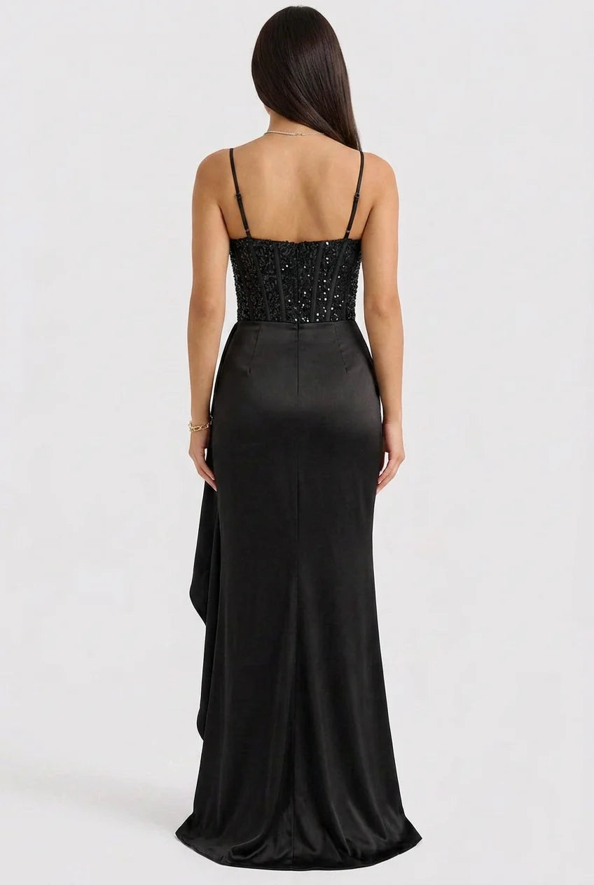 Marcella | Women's Sequin Corset Evening Maxi Dress with Draped Satin Skirt, Square Neckline & Thigh-High Slit