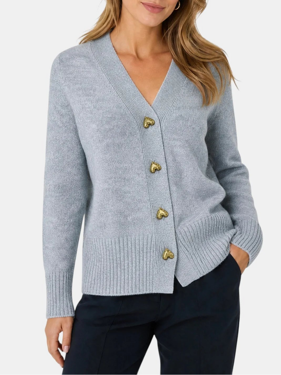 Elodie | Women's V-Neck Button-Up Knit Cardigan with Heart Buttons, Ribbed Cuffs & Feminine Fit