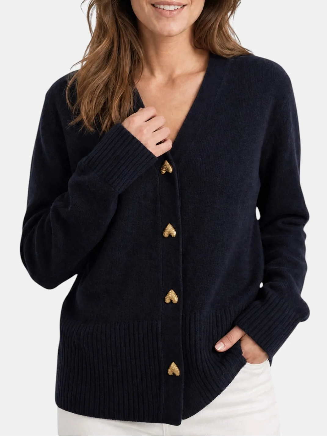 Elodie | Women's V-Neck Button-Up Knit Cardigan with Heart Buttons, Ribbed Cuffs & Feminine Fit
