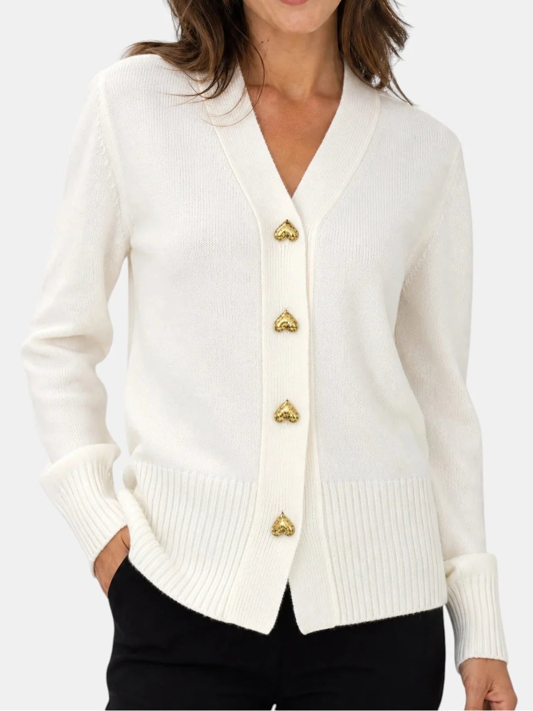 Elodie | Women's V-Neck Button-Up Knit Cardigan with Heart Buttons, Ribbed Cuffs & Feminine Fit